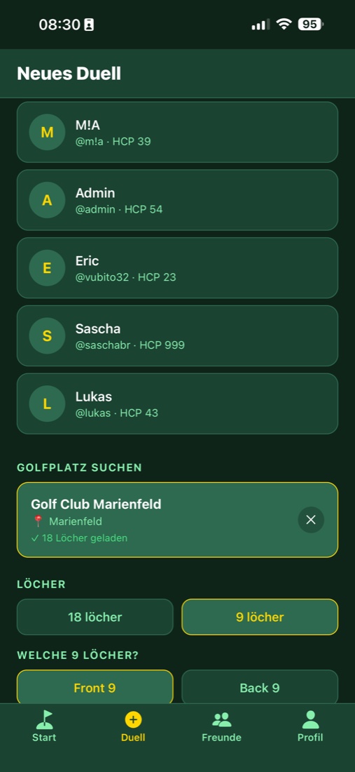 GolfDuel: neues Duell anlegen und Golfplatz wählen