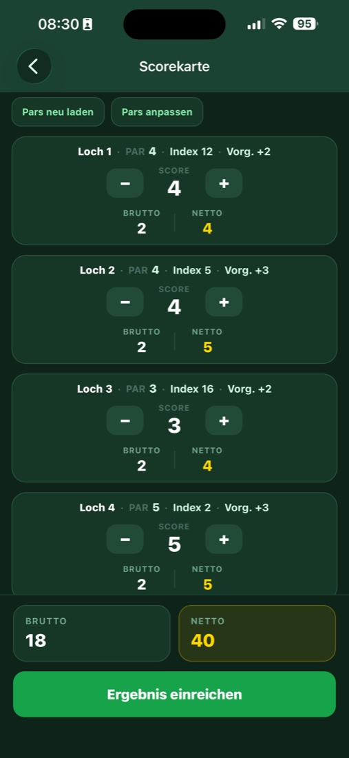 GolfDuel: digitale Scorekarte mit Brutto und Netto
